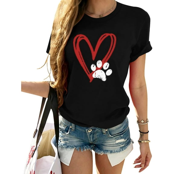Womens Dog Mom Shirts Short Sleeve Summer Crewneck Casual Heart Dog Paw Printed T-Shirts