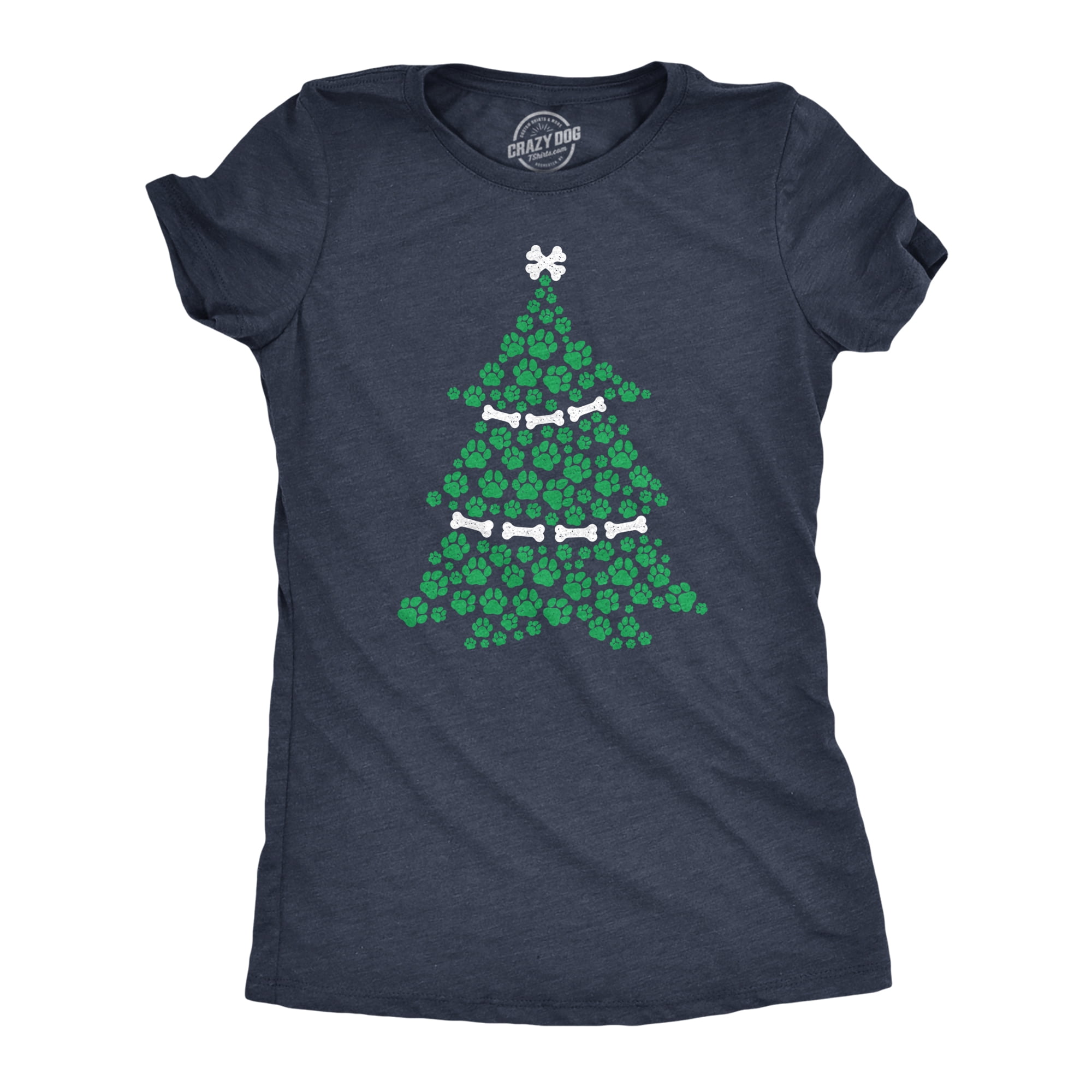Womens Dog Paw Christmas Tree T shirt Cute Xmas Gift Holiday Puppy Lover Tee  (Heather Navy) - XXL Womens Graphic Tees