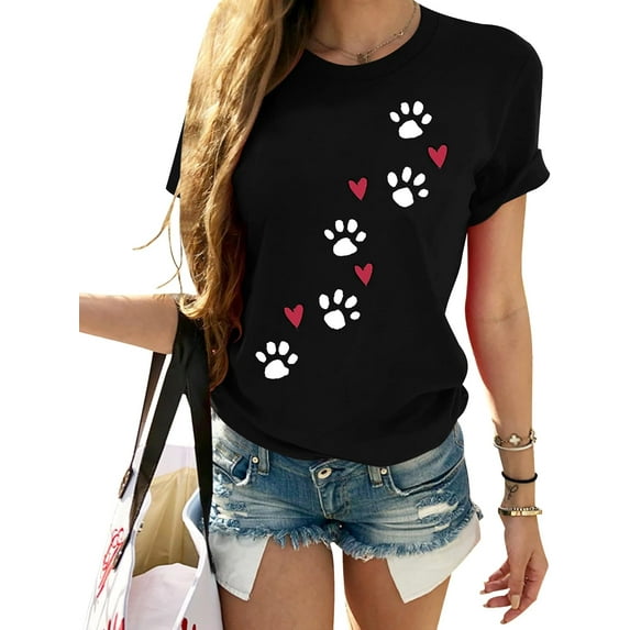 Womens Dog Paw Shirts Short Sleeve Summer Crewneck Casual Cute Heart Graphic Dog Mom Shirts