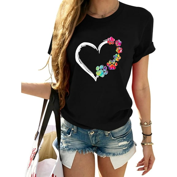 Womens Dog Paw Shirts Summer Short Sleeve Multicolor Heart Graphic Crewneck Loose Cute Dog Paw Print Tops
