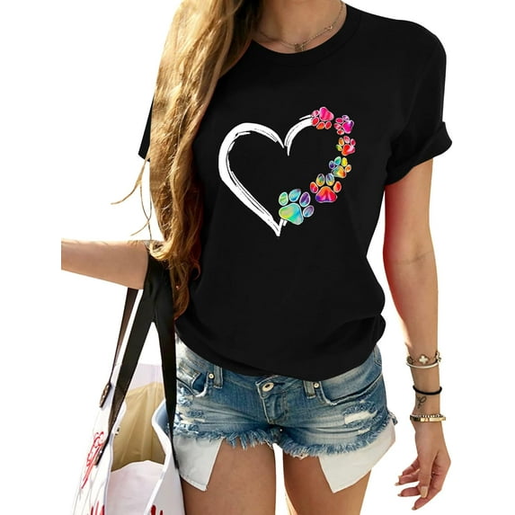 Womens Dog Paw Shirts Summer Short Sleeve Multicolor Heart Graphic Crewneck Loose Cute Dog Paw Print Tops