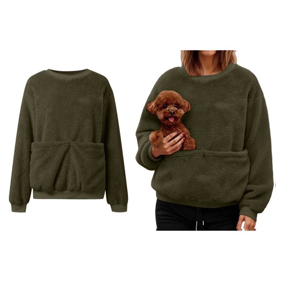 Womens Dog Pouch Sweatshirt Fleece Pullover Pet Carrier Sweatshirt Creative Long Sleeve Oversized Pocket Pullover Tops Fall Winter Clothes