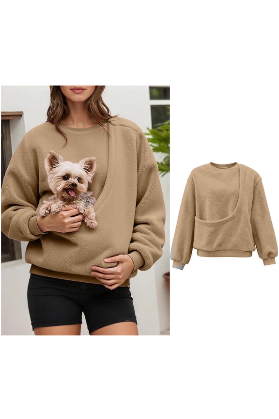Womens Dog Pouch Sweatshirt Oversized Pet Carrier Sweater Long Sleeve Large Pocket Pet Pocket Holder Top Warm Fall Winter Clothes