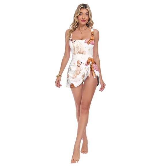 Womens Dog Rainbow Stars Pattern Print 2-in-1 Swim Dress Detachable Skirt One-Piece Swimsuit Square Neck S-XXL