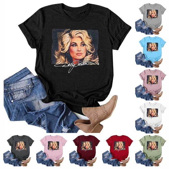 Womens Dolly Country Music Legend Shirts Vintage Graphic Shirt Casual Crewneck Tee Short Sleeve Retro Loose Fit T Shirts Top