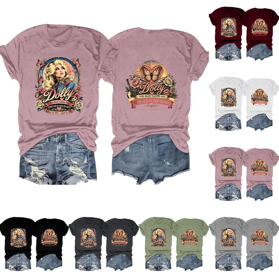 Womens Dolly Shirts Memories of Fans Crewneck Short Sleeve Shirt Country Music Legend T-Shirt Vintage Graphic Tee Fall Fashion Tops L