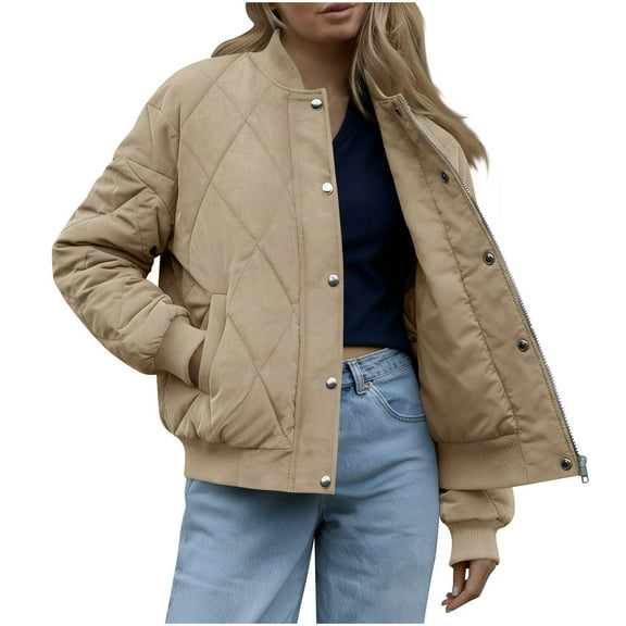 Womens Dolman Quilted Bomber Jackets Casual Button Down Winter Long Sleeve Stand Neck Lightweight Warm Coat
