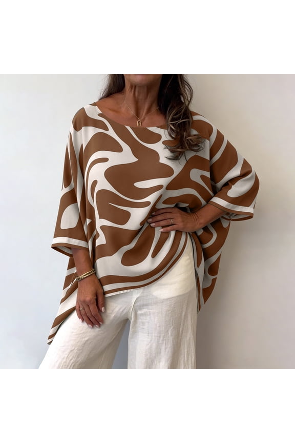 Womens Dolman Sleeve Abstract Tunic - Loose Fit Boat Neck Casual Blouse Coffee,Size S