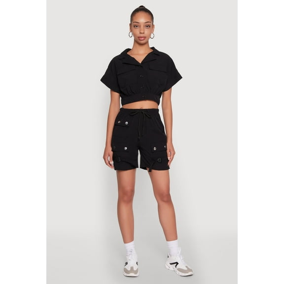 Womens Dolman Sleeve Button Front Shirt Collar Crop Top