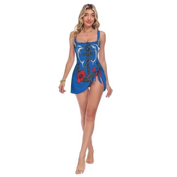 Womens Dolphin Boat Anchor Print 2-in-1 Swim Dress Detachable Skirt One-Piece Swimsuit Square Neck S-XXL