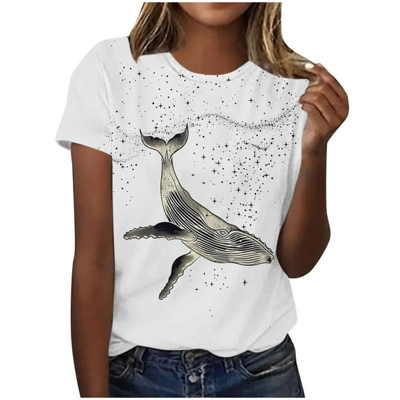 Womens Dolphin Pattern Tunic Tops Round Neck Short Sleeve Shirts Casual Dressy Tee Blouses Plus Size Tee Shirts Going Out Tops 2025 Summer