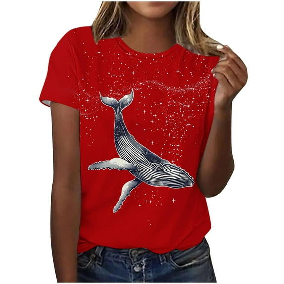 Womens Dolphin Pattern Tunic Tops Round Neck Short Sleeve Shirts Casual Dressy Tee Blouses Plus Size Tee Shirts Going Out Tops 2025 Summer