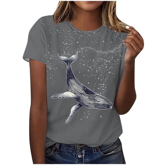 Womens Dolphin Pattern Tunic Tops Round Neck Short Sleeve Shirts Casual Dressy Tee Blouses Plus Size Tee Shirts Going Out Tops 2025 Summer