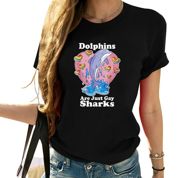 Womens Dolphins are Gay Sharks Funny LGBT Gay Pride Rainbow T-Shirt Black 2X-Large