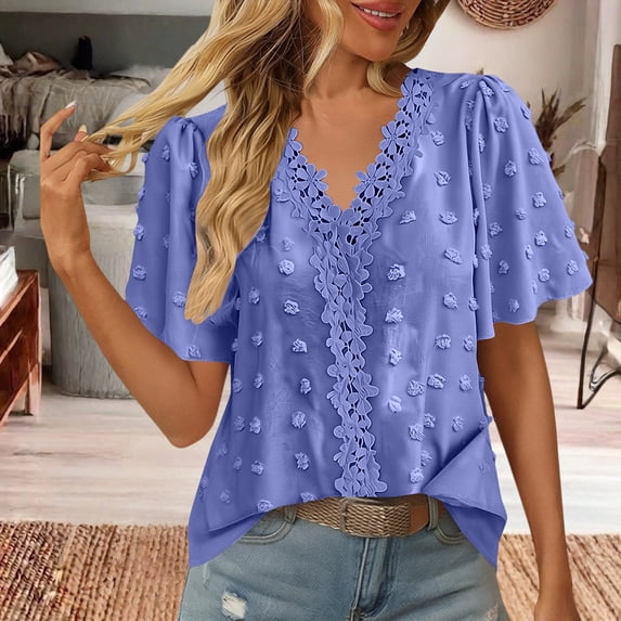 Womens Dot Blouse V Neck Lace Trim Short Puff Sleeve Chiffon Top Casual Loose Summer Shirt