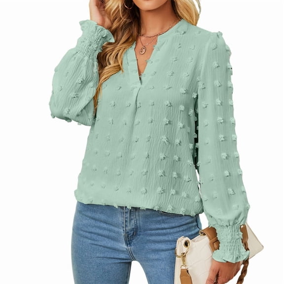 Womens Dot V Neck Ruffle Sleeve Blouse Flowy Shirts Casual Solid Work Tops Light Green L