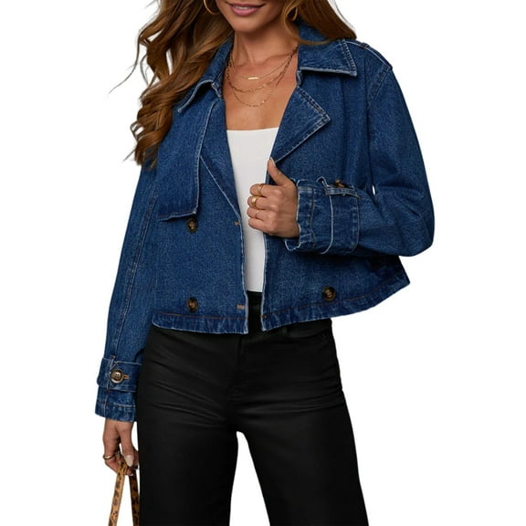 Womens Double Breasted Denim Trench Coat Vintage Notched Collar Office Crop Jean Jacket Belted Cuffs Dark Blue L