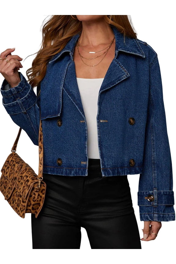 Womens Double Breasted Denim Trench Coat Vintage Notched Collar Office Crop Jean Jacket Belted Cuffs Dark Blue M