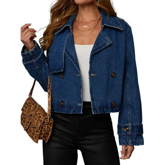 Womens Double Breasted Denim Trench Coat Vintage Notched Collar Office Crop Jean Jacket Belted Cuffs Dark Blue XL