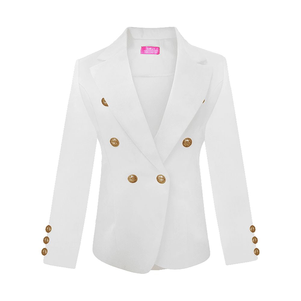 Fitted white blazer jacket with double-breasted gold buttons from Paris