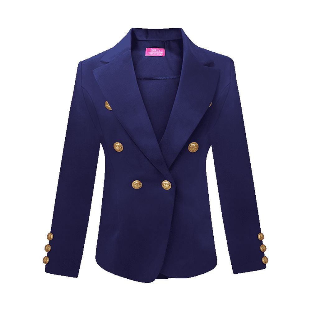 Women Ladies Double Breasted Blue Blazer Gold Buttons Slim Suit Jacket  Formal