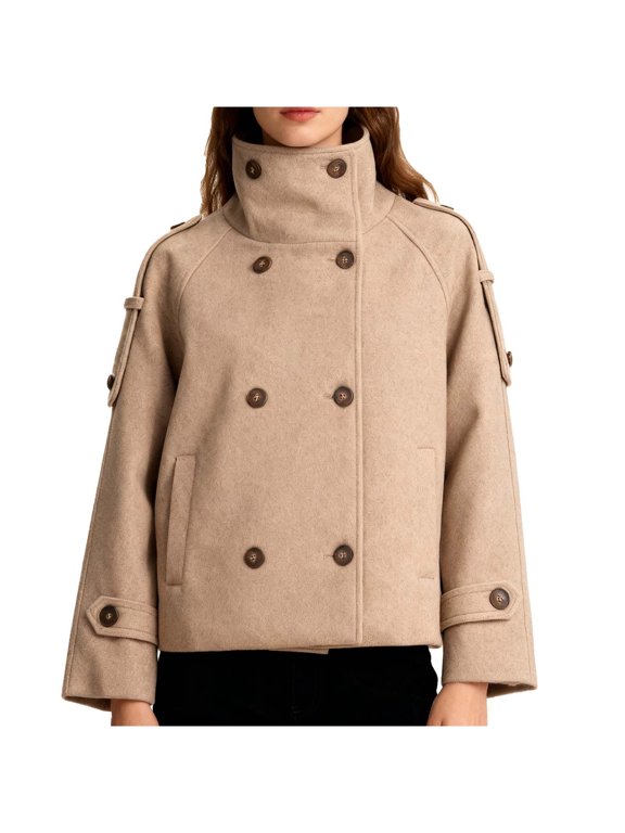 Womens Double Breasted Pea Coat High Neck Short Trench Jacket Long Sleeve with Pockets Elegant for Business Casual Work Office Outerwear, Khaki, M