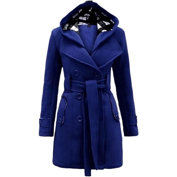 Womens Double Breasted Trench Coat Classic Lapel Belt Peacoat Fall Winter Warm Overcoat Outerwear with Hood