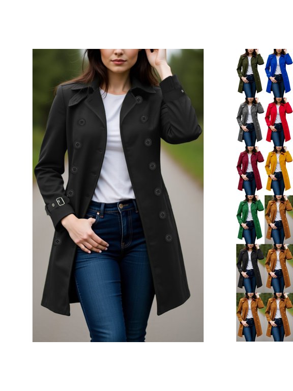 Womens Double Breasted Trench Coat Elegant Lapel Collar Mid Length Pea Jacket Tailored Fit Long Sleeve for Business Casual Work Office, Black, XL