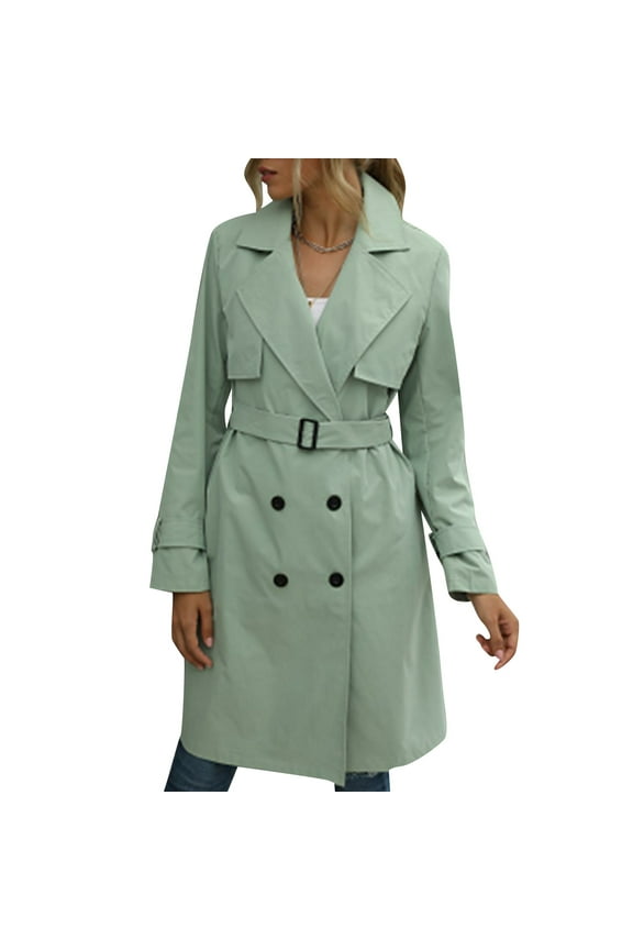 Womens Double Breasted Trench Coat Lapel Long Sleeve Solid Color Classic Overcoat with Belt for Spring Autumn