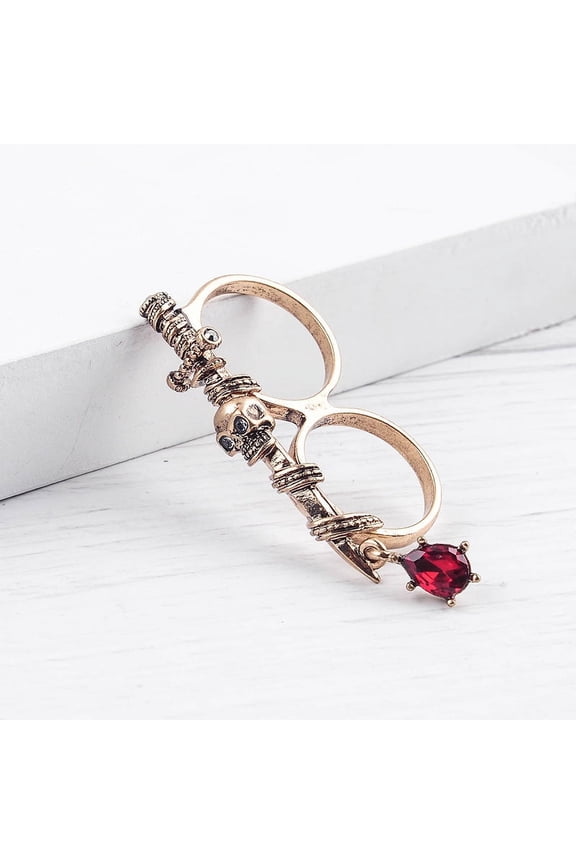 Womens Double Finger Skull Ring, Alloy Metal Diamond Drop-Shaped Design with Artificial Gemstones, European American Style, Fashion Jewelry
