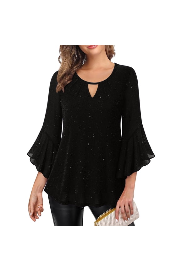 Womens Double Layer Mesh Tunic Top - Glittery Gold Foil 3/4 Sleeve Ruffled Elegant Soft Breathable Lightweight Fancy Everyday Fashion Wear Black XL