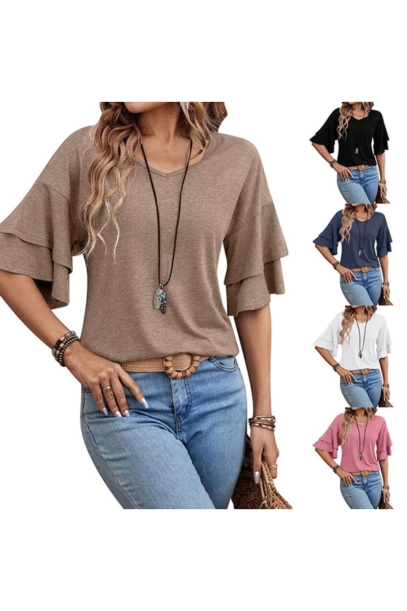 Womens Double Layer Sleeve T-Shirt V Neck Short Sleeve Solid Color Summer Top Loose Fit Tunic Blouse Fashion Casual Lightweight Flowy Tee Shirt