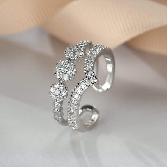 Womens Double Layer V Shaped Adjustable Open Ring Zircon Copper Fashion Jewelry Dainty Delicate Ring Statement