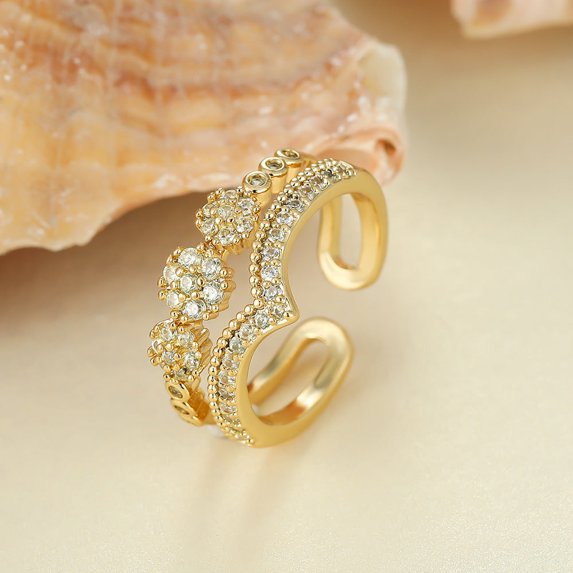 Womens Double Layer V Shaped Adjustable Open Ring Zircon Copper Fashion Jewelry Dainty Delicate Ring Statement