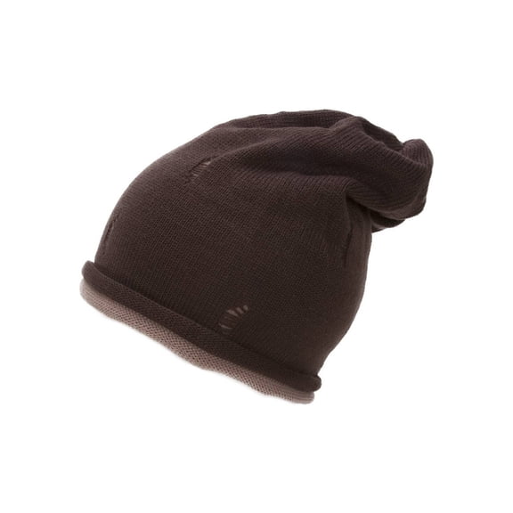 Womens Double Layered Torn Look Beanie - Brown/Taupe