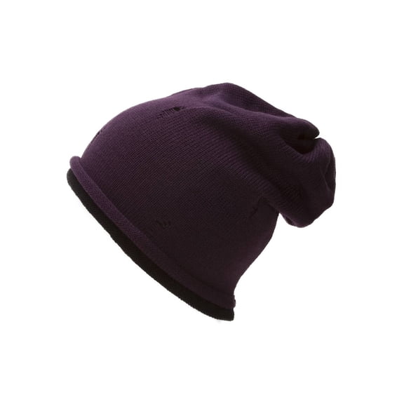Womens Double Layered Torn Look Beanie - Purple/Black