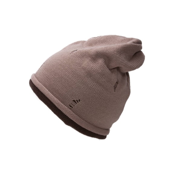 Womens Double Layered Torn Look Beanie - Taupe/Brown