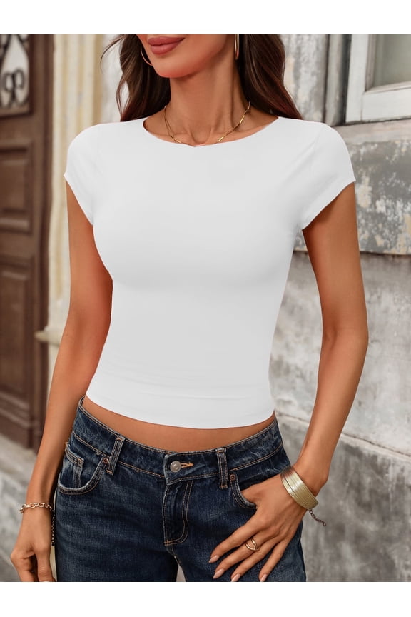 Womens Double Lined Cap Sleeve Tops Boat Neck Shirts Slim Fitted Going Out Tees White XS