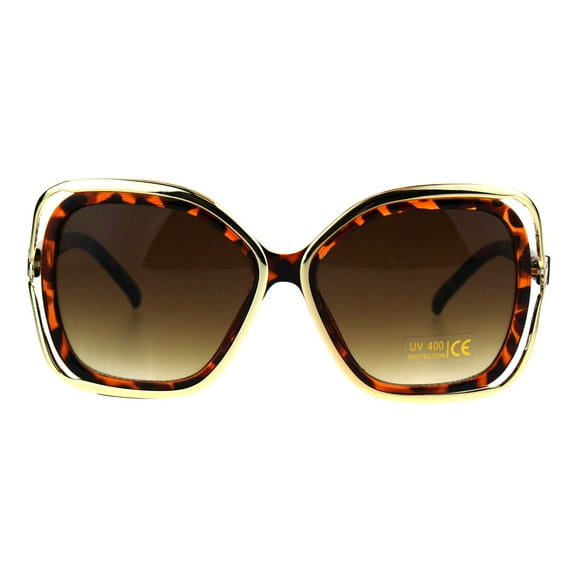 Womens Double Rim Frame Butterfly Diva Designer Fashion Sunglasses Tortoise Gold Brown