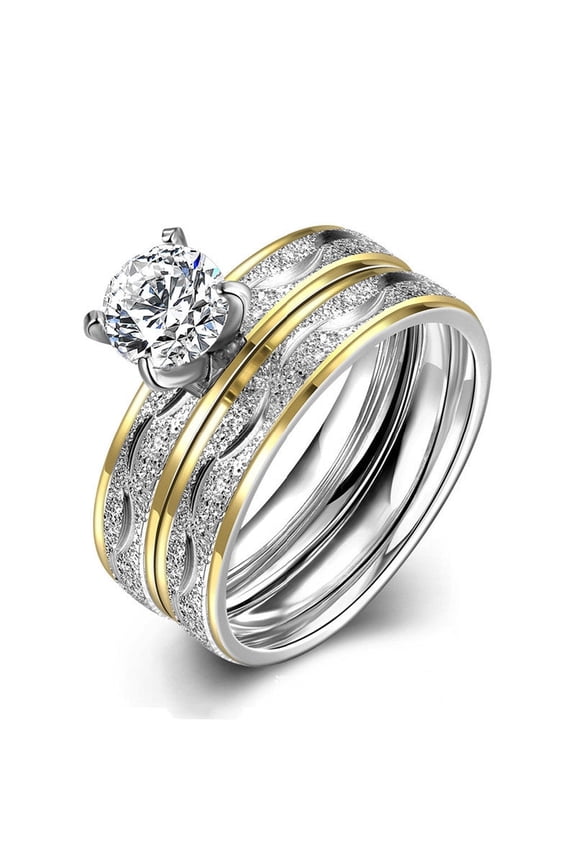 Womens Double Ring Zircon Dichroic Gold Plated Copper Jewelry Creative Design Elegant Statement Accessory Chic