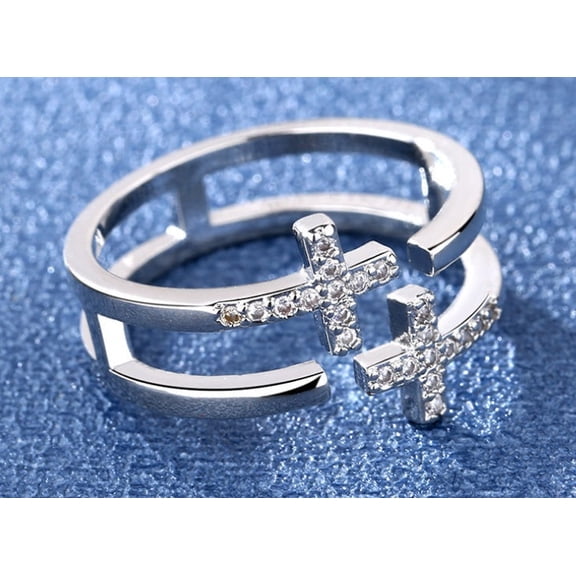 Womens Double Zircon Diamond Accent Cross Copper Ring, Adjustable Korean Style Geometric Electroplated Gold Plated
