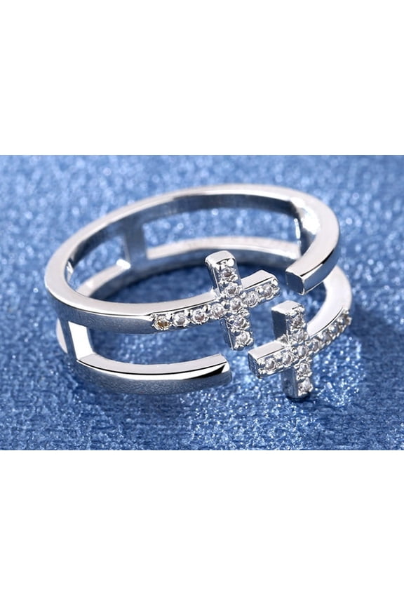 Womens Double Zircon Diamond Accent Cross Copper Ring, Adjustable Korean Style Geometric Electroplated Gold Plated