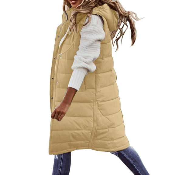 Womens Down Vest with Stand Collar Thick Hooded Sleeveless Long Coats Jacket