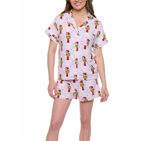 Womens Dr Seuss Grinch Pajamas Button Up Shirt and Shorts 2-Piece Lounge Set
