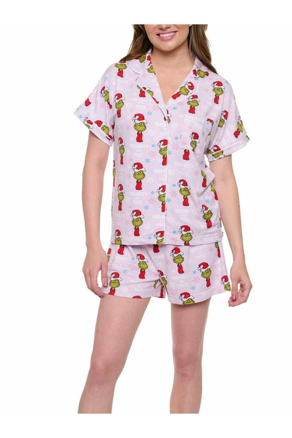 Womens Dr Seuss Grinch Pajamas Button Up Shirt and Shorts 2-Piece Lounge Set