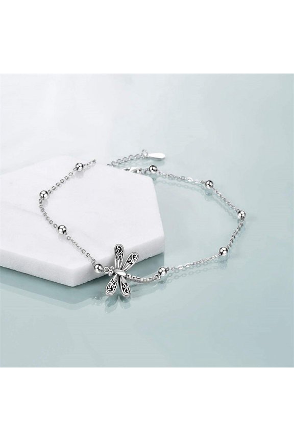 Womens Dragonfly Anklet Electroplated Insect Design Ankle Bracelet with Cross Chain Beads Ornament Simple Beach Jewelry