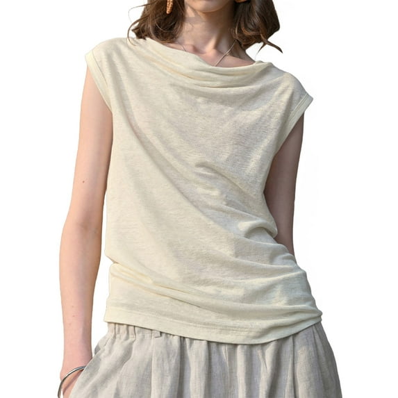 Womens Drape Neck Tank Tops Sleeveless Ruched Dressy Casual Summer Shirt Blouses Cream White L