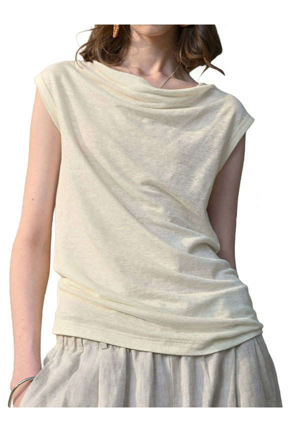 Womens Drape Neck Tank Tops Sleeveless Ruched Dressy Casual Summer Shirt Blouses Cream White L
