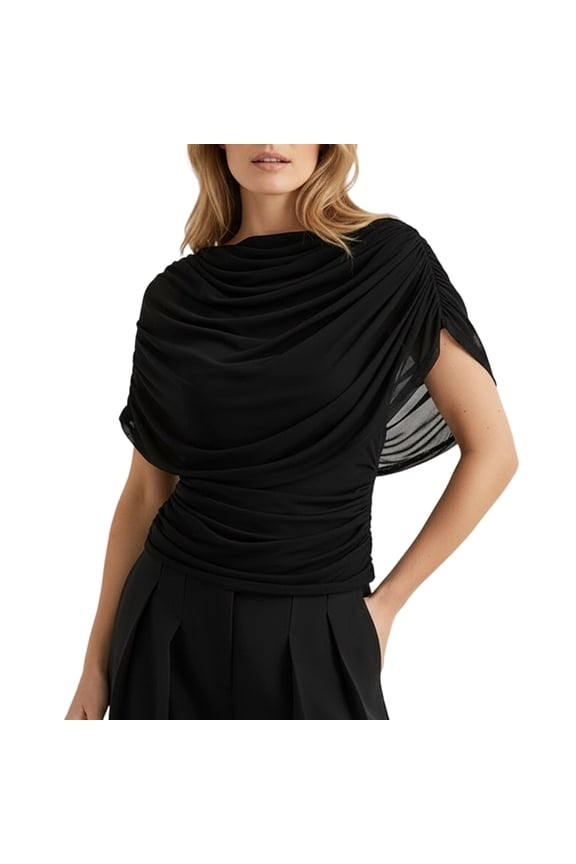 Womens Draped Cape Blouse Cowl Boat Neck Draped Cape Top Cinched Waist Mesh Blouse Ruched Shirt for Dating Travel