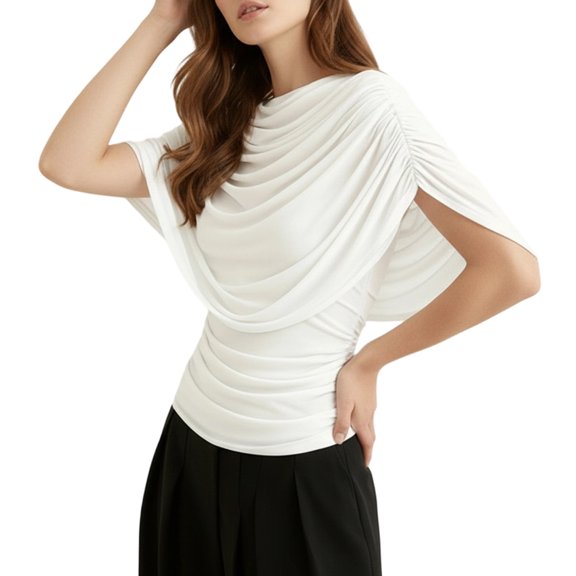 Womens Draped Cape Blouse Cowl Boat Neck Slim Fit Ruched Mesh Top Draped Short Sleeve Tee for Dating Travel